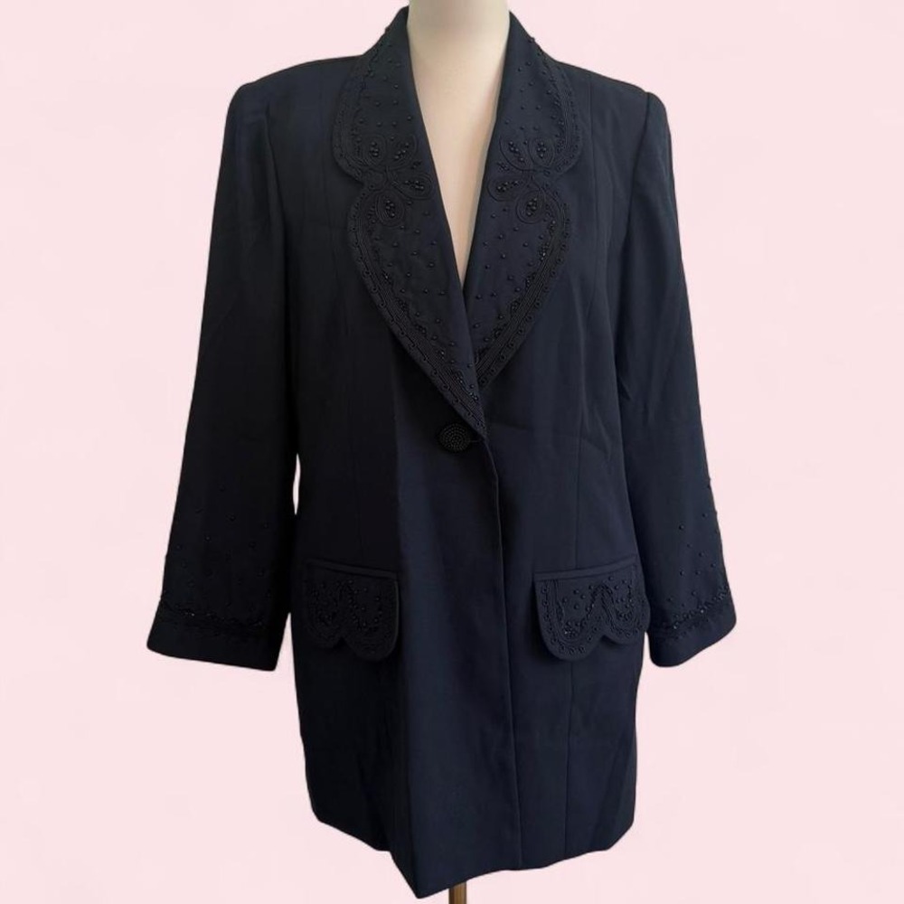 Vintage JB Collections Navy Beaded Scallop Collar Blazer — Size 16